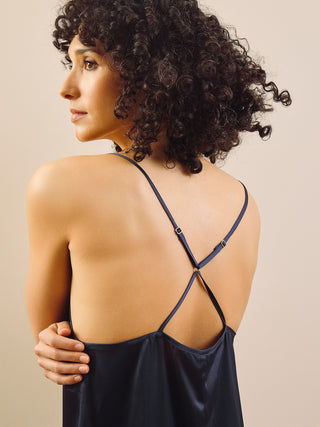 Navy Blue with Pink Lace Satin Midi Nightdress