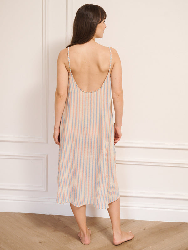 Model wearing women’s cotton gauze midi nightdress with straight neckline and slim straps, featuring baby pastel stripe print and relaxed, flowing fit. Back Detail. 