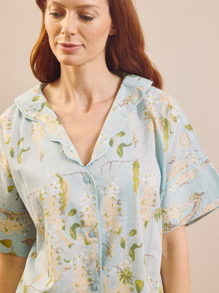 light blue and white wisteria print pyjama shirt