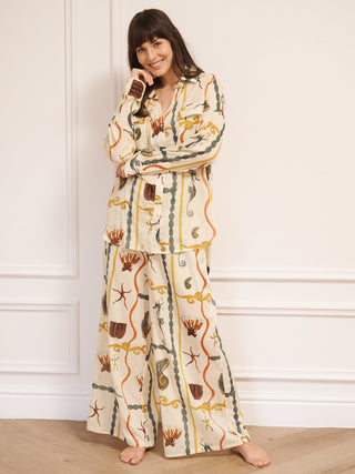 Womens Cream Natural Sea Life Tile Voile Boyfriend Shirt Pyjama Set