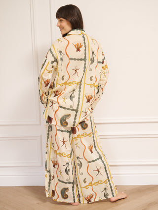 Womens Cream Natural Sea Life Tile Voile Boyfriend Shirt Pyjama Set