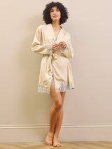 Ivory Satin Dressing Gown with Blue Lace Trim