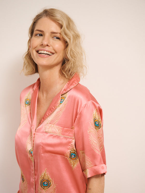 Womens Satin Shortie Pyjamas Pink Gold Peacock Feather