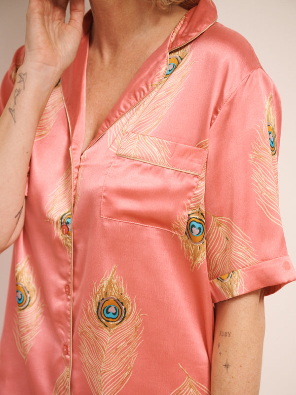 Womens Satin Shortie Pyjamas Pink Gold Peacock Feather