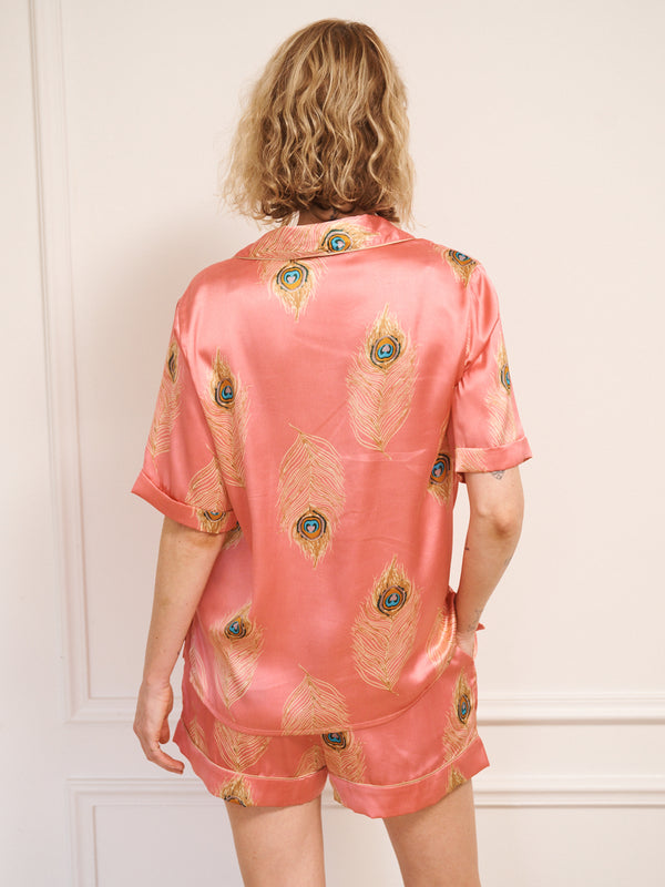 Womens Satin Shortie Pyjamas Pink Gold Peacock Feather