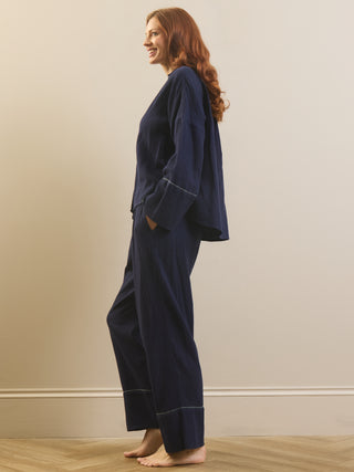Womens Navy with Light Blue Contrast Trim Gauze Shirting Pyjama Set