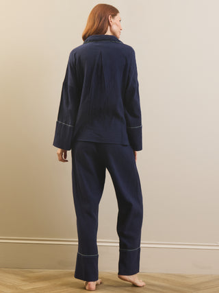 Womens Navy with Light Blue Contrast Trim Gauze Shirting Pyjama Set