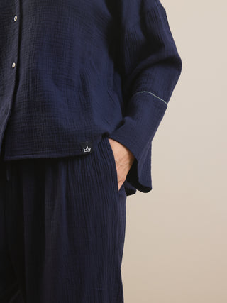 Womens Navy with Light Blue Contrast Trim Gauze Shirting Pyjama Set