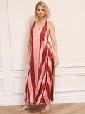 Womens Satin V Neck Cami Maxi Night Dress Pink Stripe