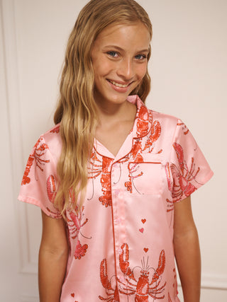 Tween Girl Pink Lobster Satin Shorts Pyjama Set