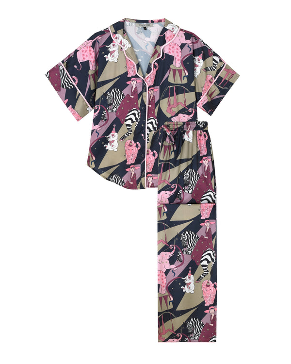 Womens Satin Oversize Pyjamas in Navy 80s Circus