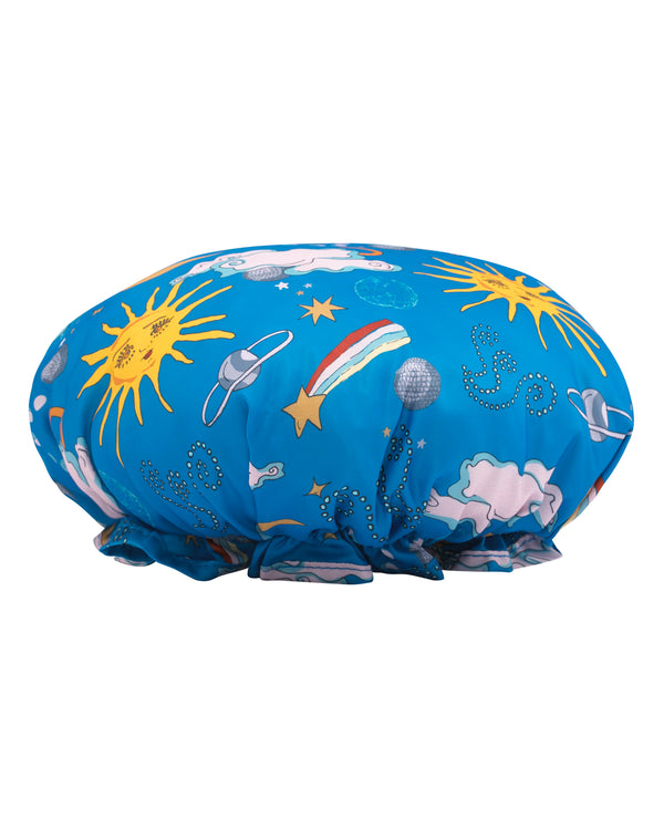Shower Cap Bright Blue Disco Space