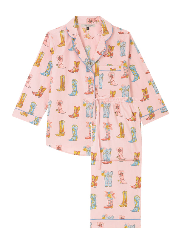 Womens Cotton Cropped Sleeve Capri Pyjamas Pink Cowgirl Boots