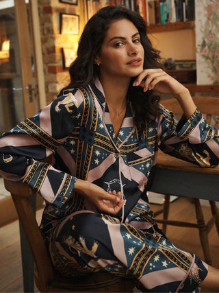 model wears a celestial print pyjama set