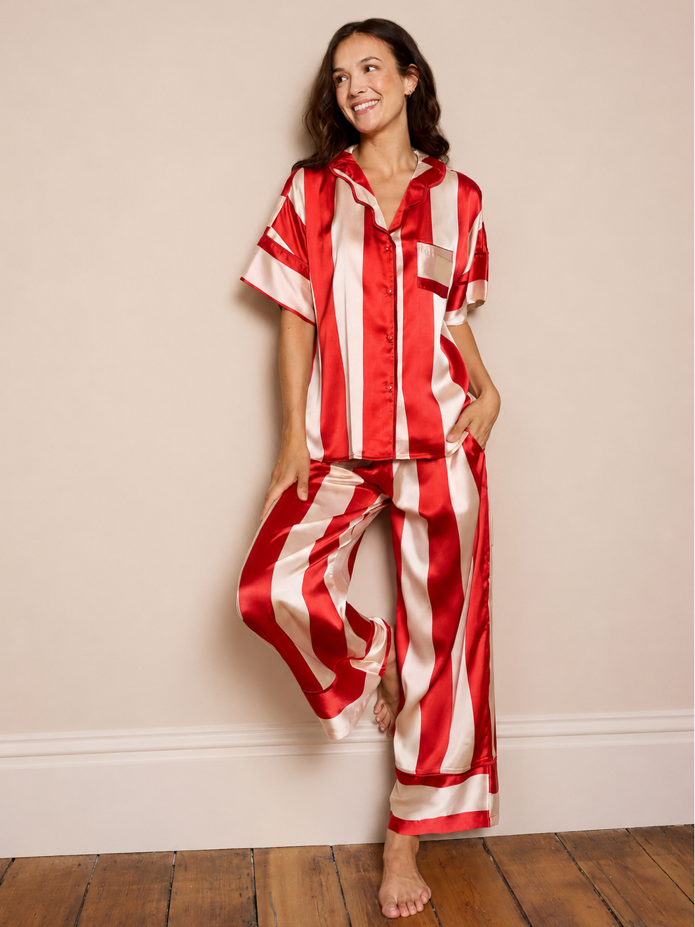 Womens Satin Oversize Pyjamas Red Stripe – THEIR NIBS