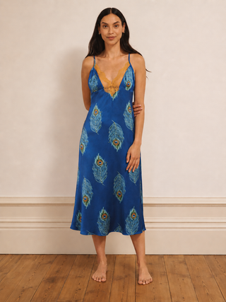Womens Satin Lace Midi Cami Night Dress Navy Peacock THEIR NIBS Womens Satin Lace Midi Cami Night Dress Navy Peacock THEIR NIBS