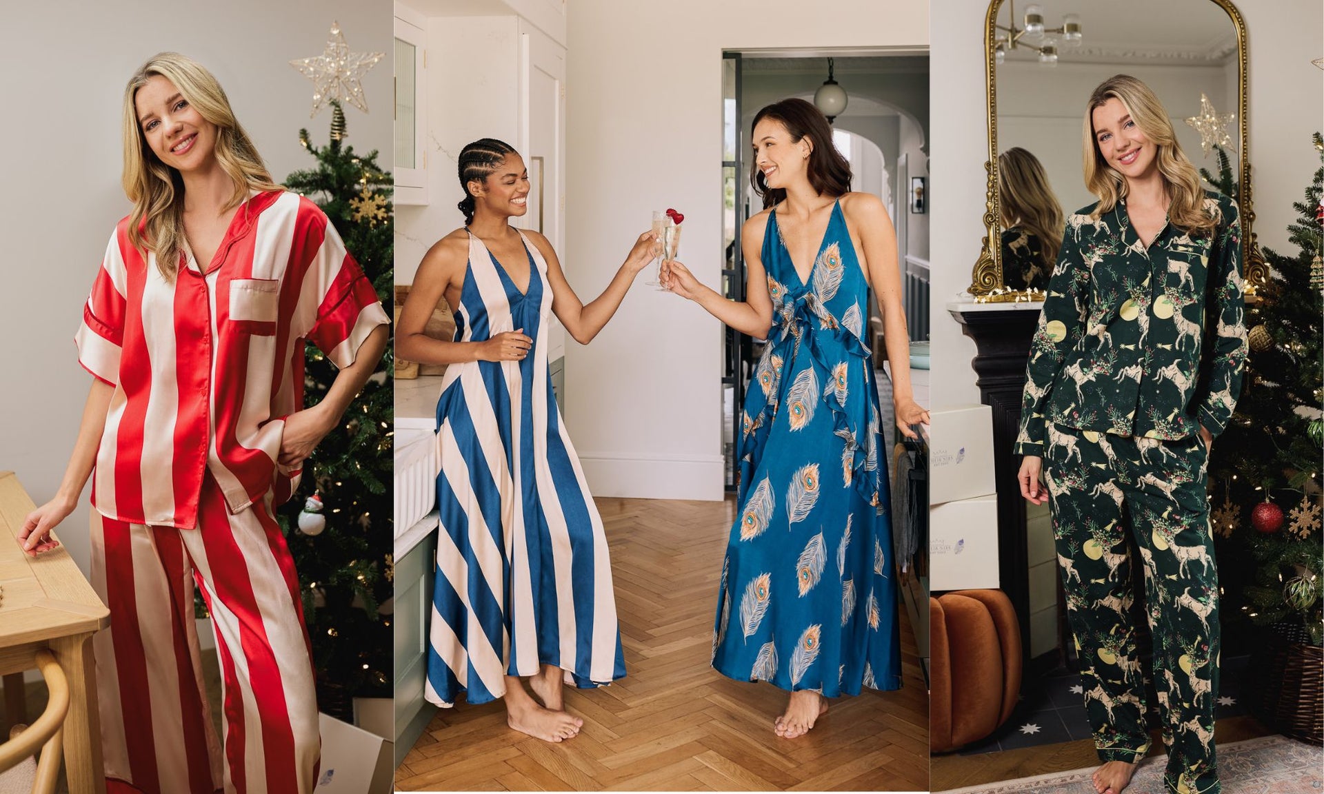 Four women in different outfits in a collage setting. Gifting Pyjamas. Christmas nightwear. Gifts