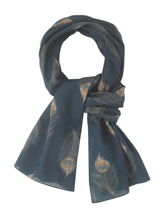 Wool Silk Ladies Scarf Dark Navy Peacock Feather
