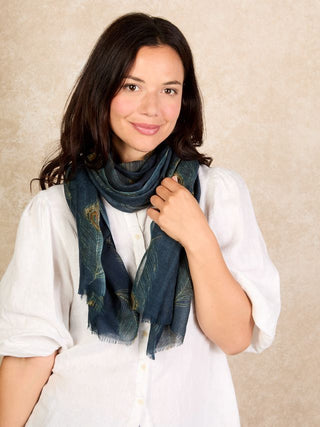 Wool Silk Ladies Scarf Dark Navy Peacock Feather