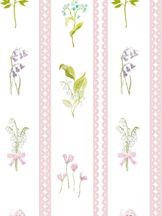 Decorative pattern with border with floral elements and pink ribbons on a white background