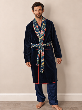 Mens Navy Velvet Dressing Gown with Floral Detail