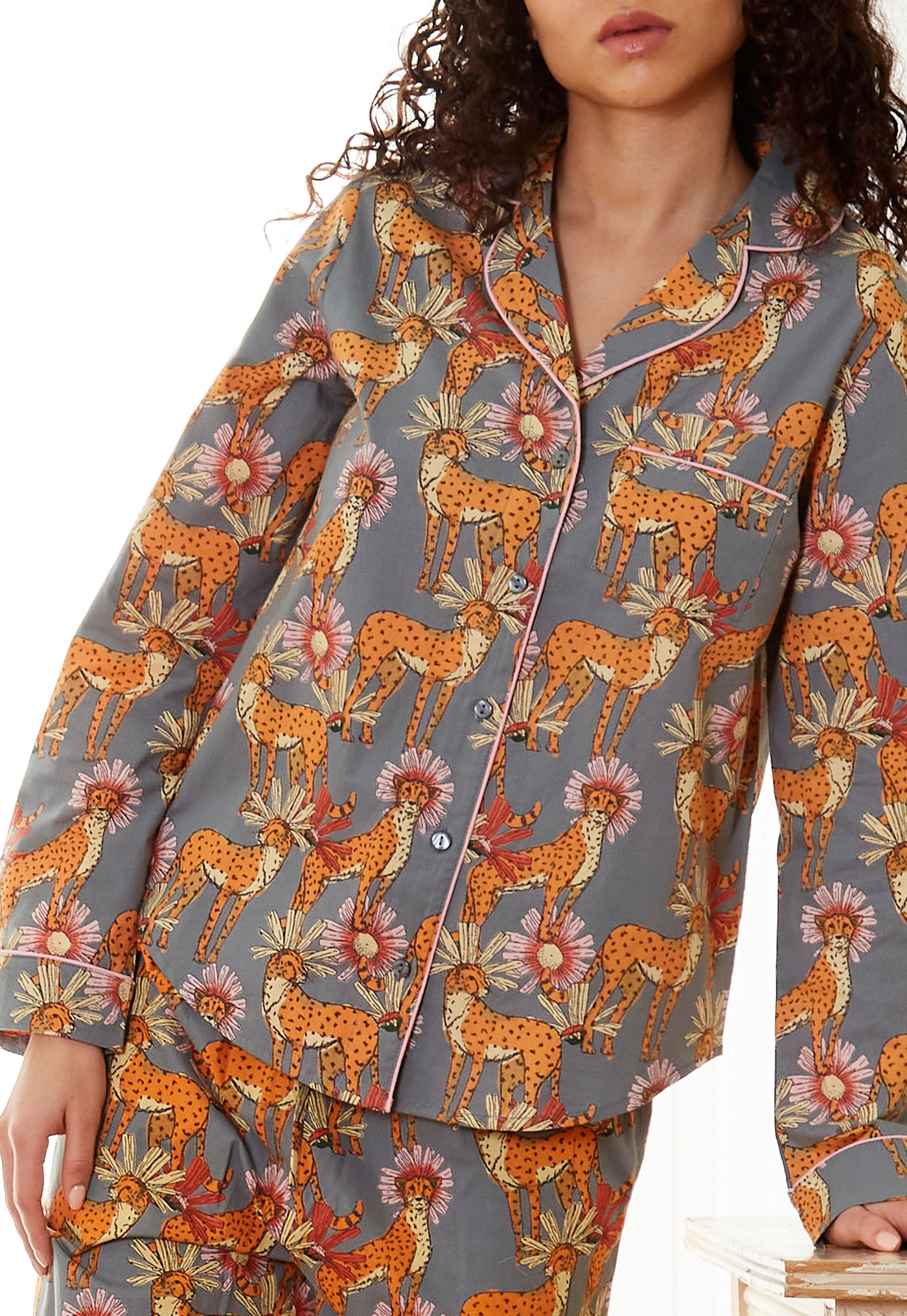 Womens Stand Alone Cotton Pyjama Top, Grey Untamed Cheetah Print