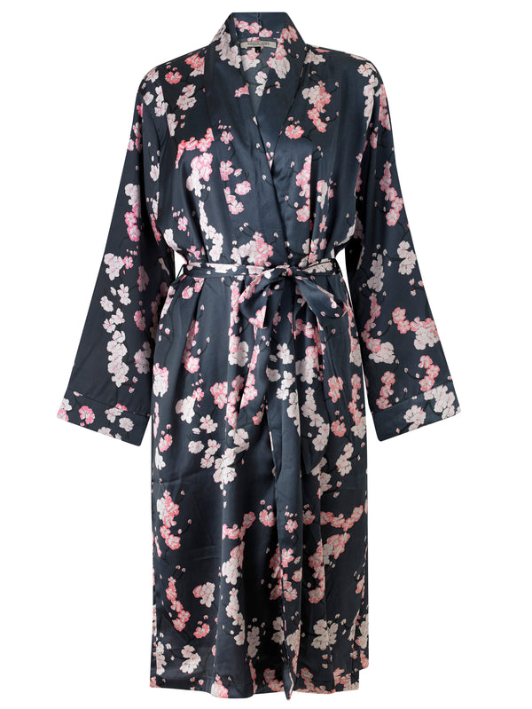 Womens Satin Grandpa Dressing Gown Robe Dark Grey Hawthorne