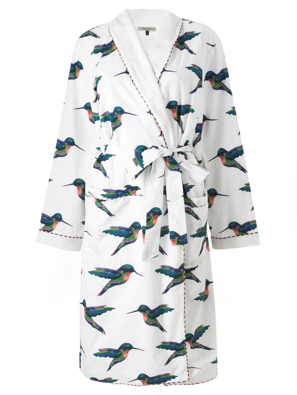 Womens Towelling Dressing Gown Robe White Hummingbird