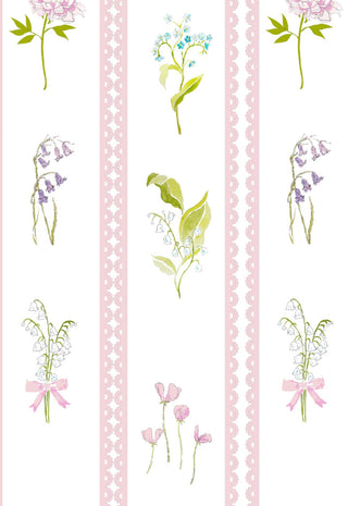 Decorative pattern with floral elements and pink ribbons on a white background