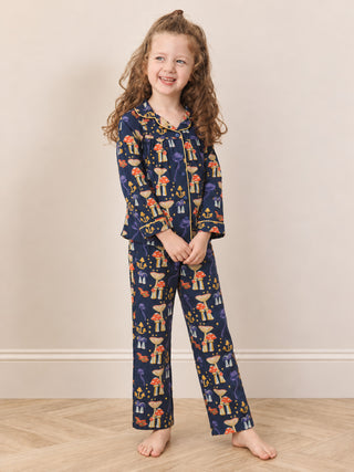 Girls Navy Mushroom Stars Cotton Traditional Pyjama Set