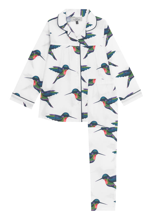 Girls Cotton Pleated Traditional Pyjamas White Hummingbird