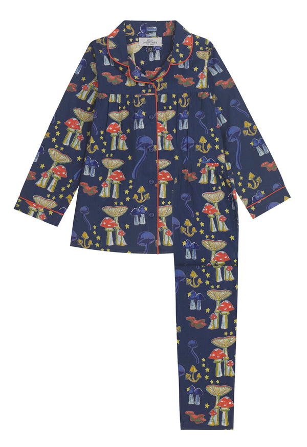 Kids Cotton Pyjamas Navy Mushroom