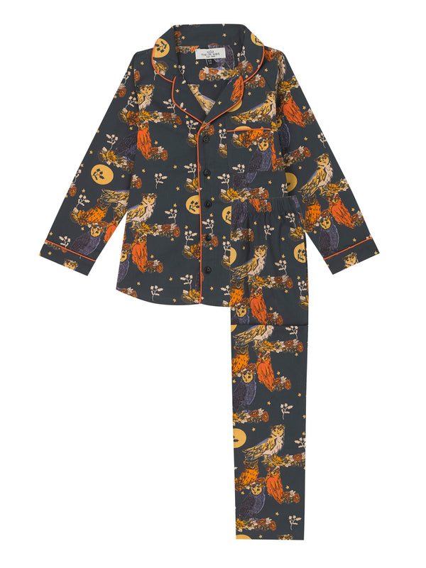 Kids Cotton Traditional Pyjamas Charcoal Owl Moonlight