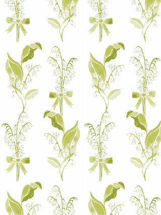 Pattern of lily of the valley floral with green leaves and bows on a white background
