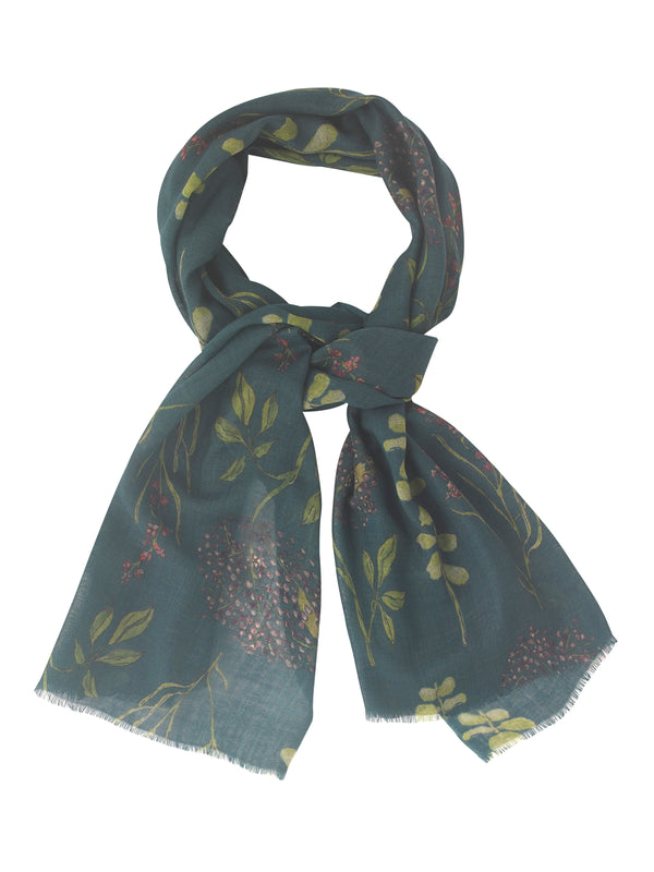 Wool Silk Ladies Scarf Dark Teal Autumn Floral