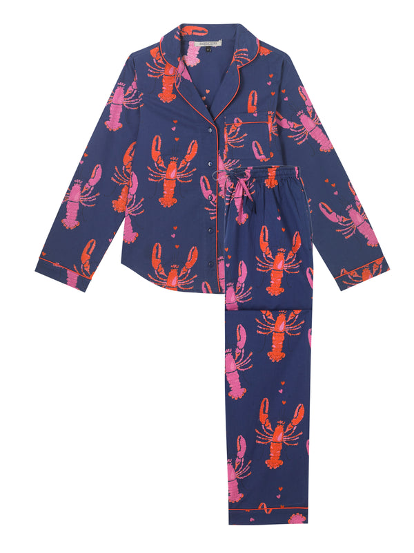 Womens Cotton Traditional Pyjamas Navy Lobsters