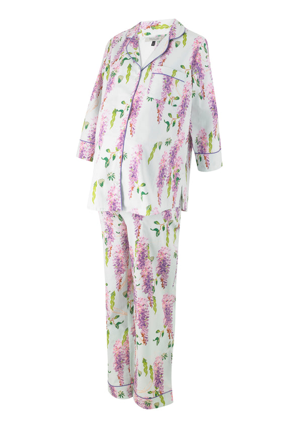 Womens Under-Bump Maternity Long Sleeve Cotton Pyjamas Duck Egg Wisteria