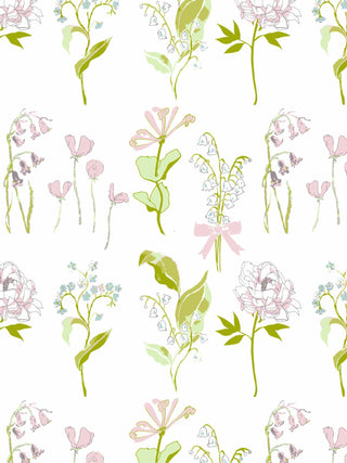 Floral pattern with pink flowers and green leaves on a white background