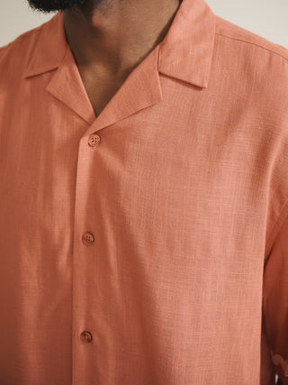 Mens Rust with Pale Pink Contrast Trim Linen Blend Oversizes Shorts Pyjama Set