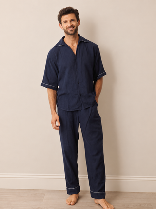 Mens Navy Contrast Relaxed Fit Gauze Pyjama Set