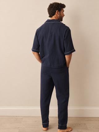 Mens Navy Contrast Relaxed Fit Gauze Pyjama Set