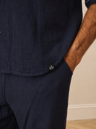 Mens Navy Contrast Relaxed Fit Gauze Pyjama Set