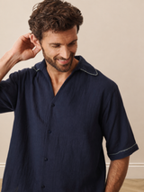 Mens Navy Contrast Relaxed Fit Gauze Pyjama Set