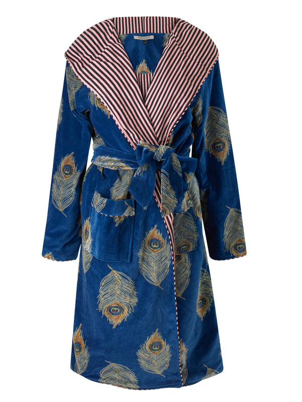 Womens Velvet Hooded Robe Navy Gold Peacock Feather