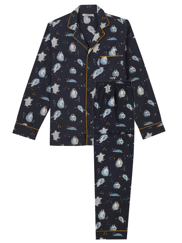Mens Cotton Traditional Pyjamas Navy Penguins