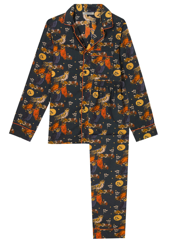 Mens Cotton Traditional Pyjamas Charcoal Owl Moonlight