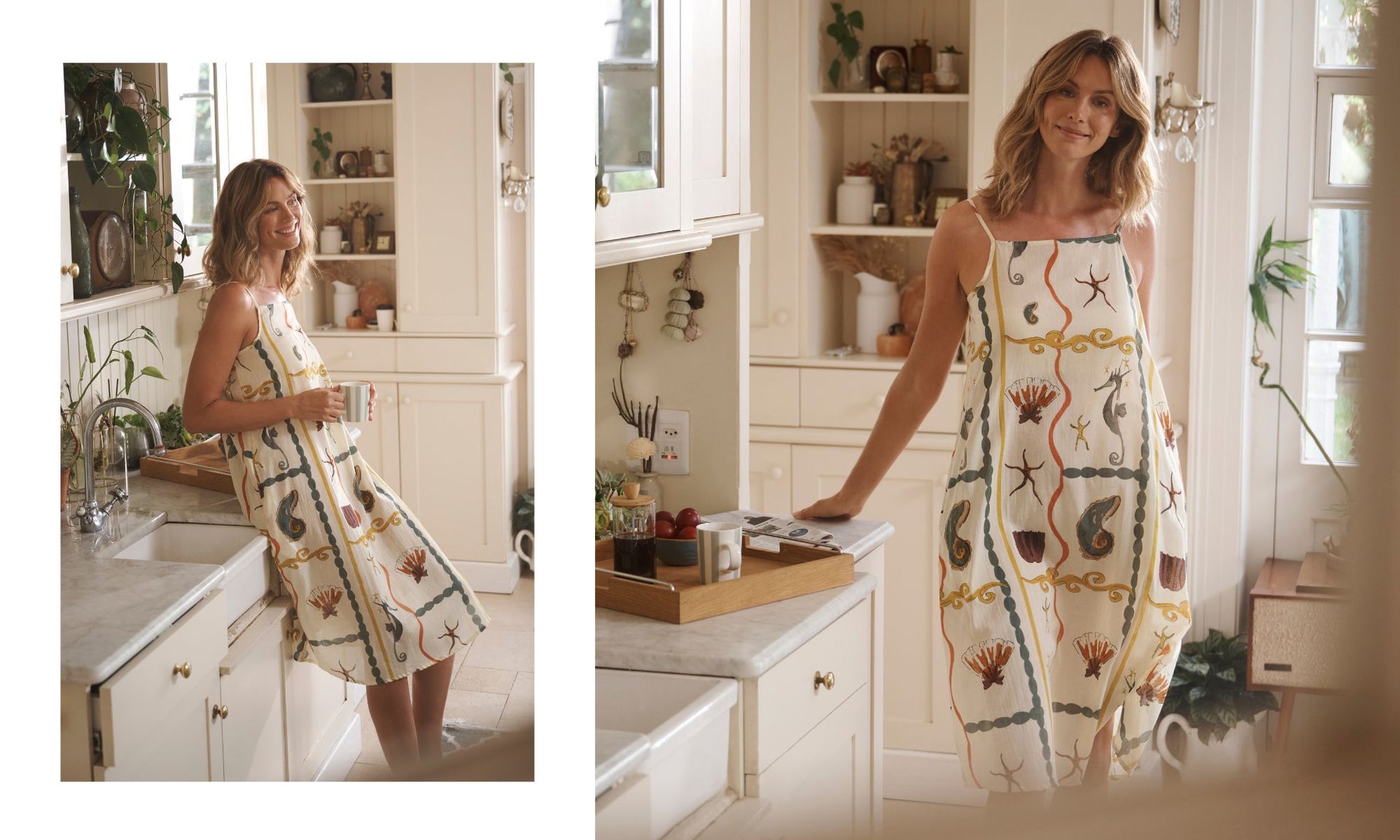 Model wears sea life print nightie in a kitchen