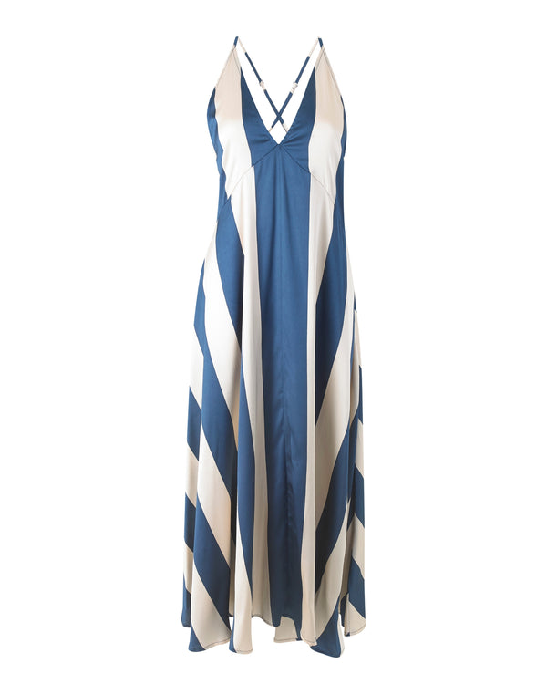 Womens Satin V Neck Cami Maxi Night Dress Navy Stripe