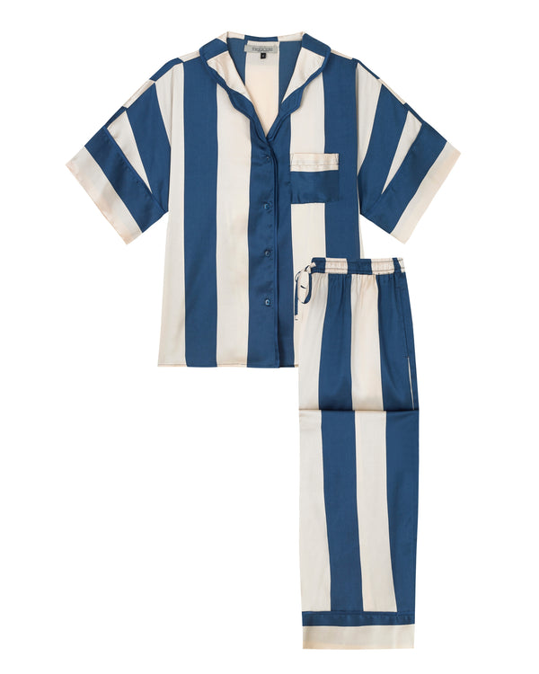 Blue and cream striped pyjama set on a white background