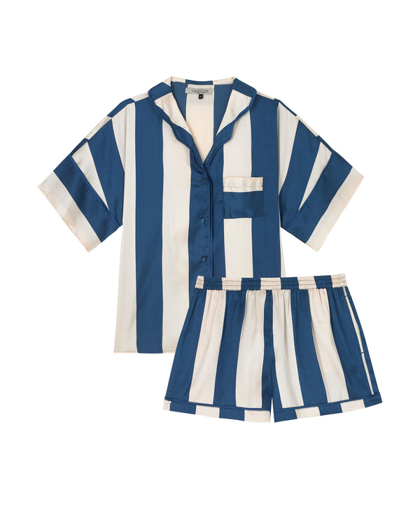 Womens Satin Oversize Shortie Pyjamas Navy Stripe